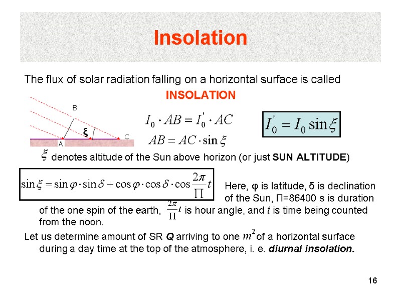 16 Insolation The flux of solar radiation falling on a horizontal surface is called